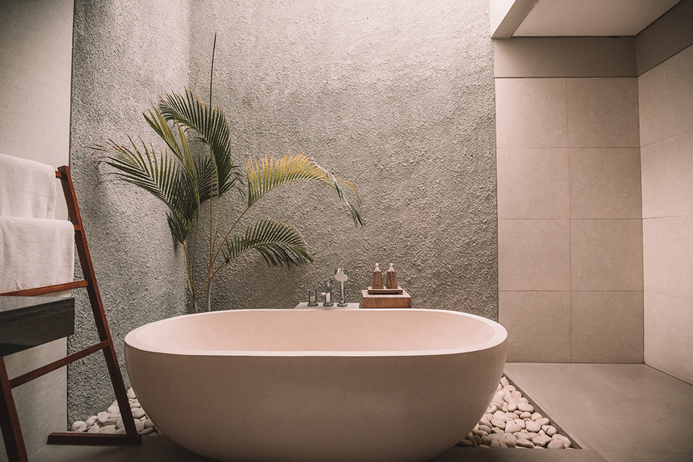 Sunny bathroom with a minimalist tub, towel ladder, and tropical palm.