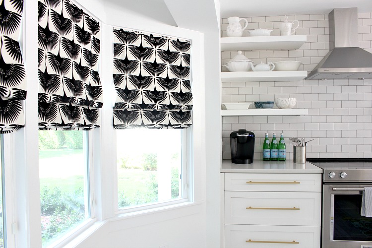 Black and white patterned blinds.