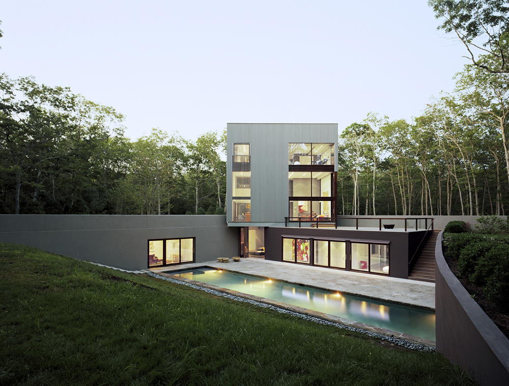 Beautiful modern home in a wooden area with lots of windows and narrow outdoor swimming pool