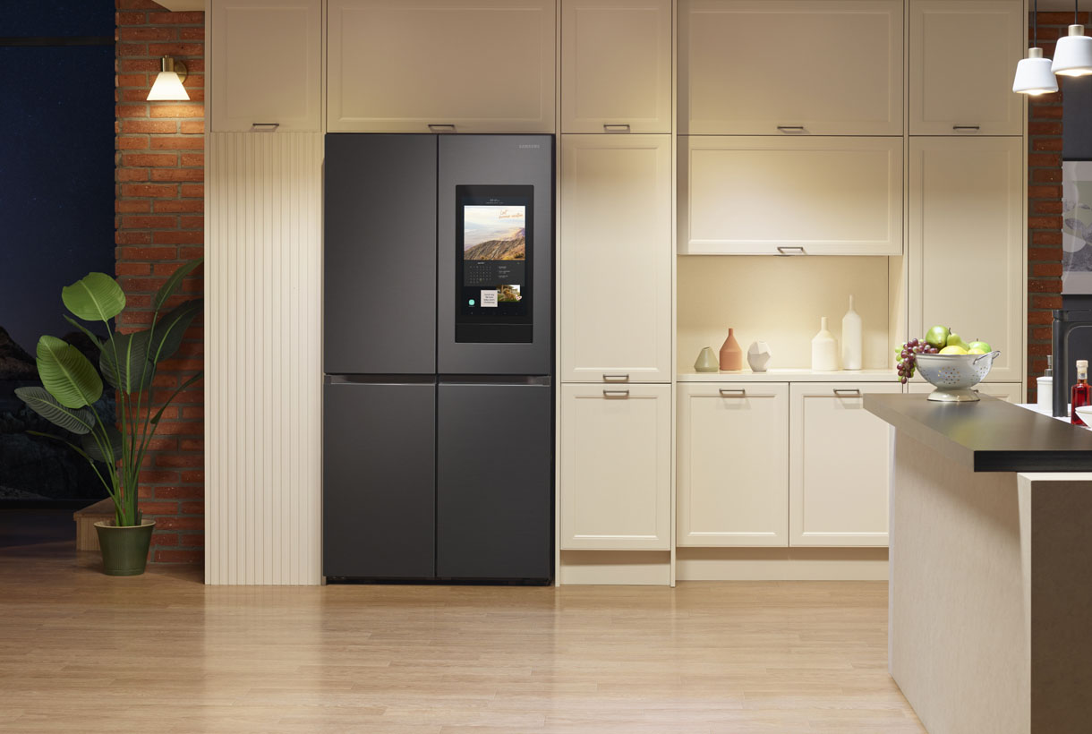 smart fridge by Samsung in a modern kitchen