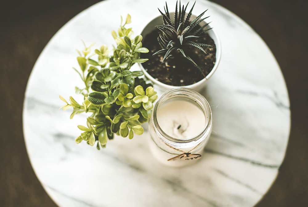 Aerial view of a candle in a mason jar, and two plants on a white marble circle