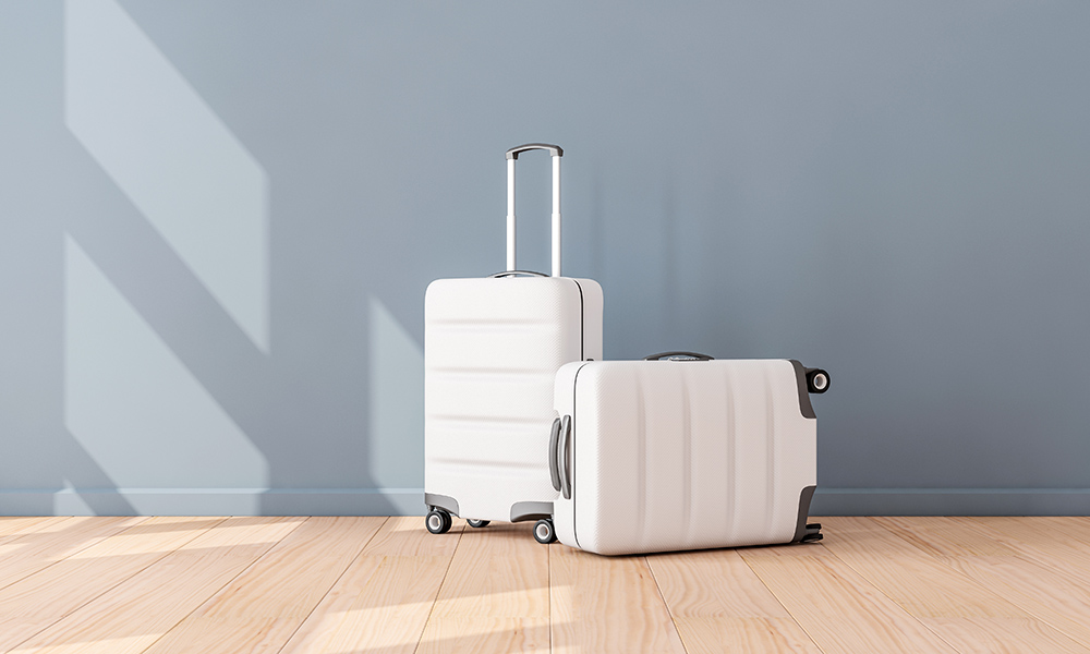 Two White Luggage mockup in empty room, Suitcase, baggage