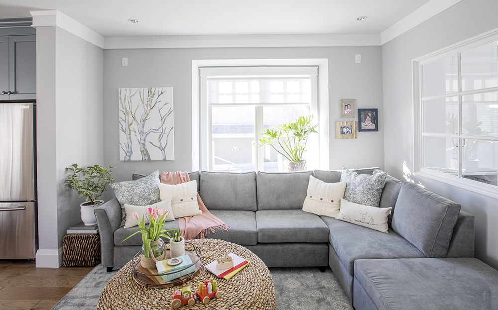 Modern living room with grey sectional