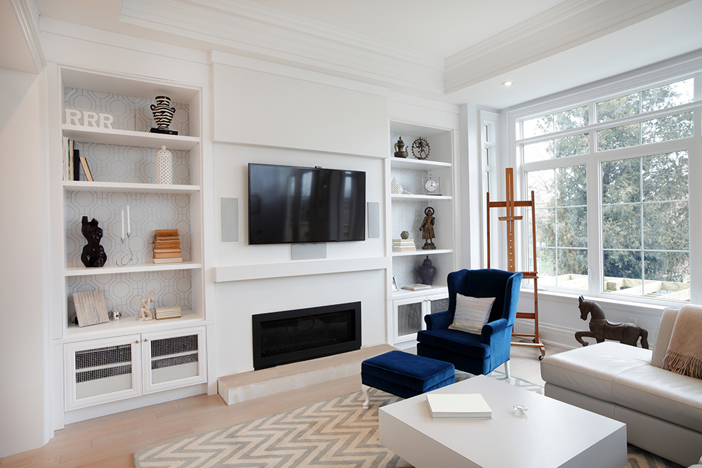 Remodeled Luxurious Living Room with open shelving