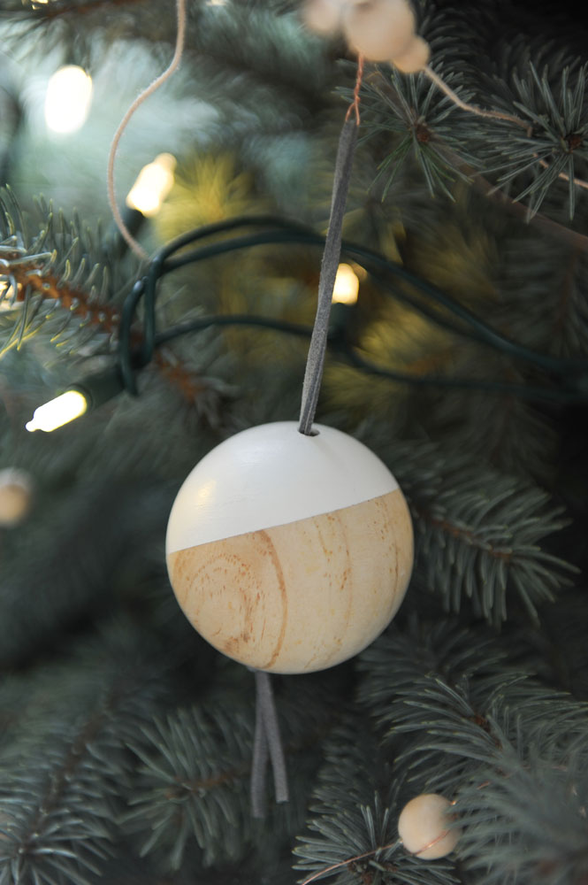 half white, half wood orb tree ornament