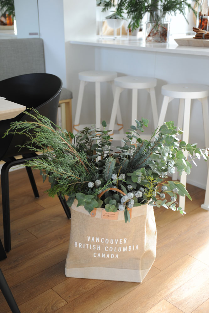 vancouver bc linen tote on floor and filled with greens