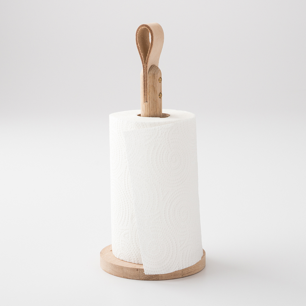 beautiful paper towel holder made of natural oak and leather
