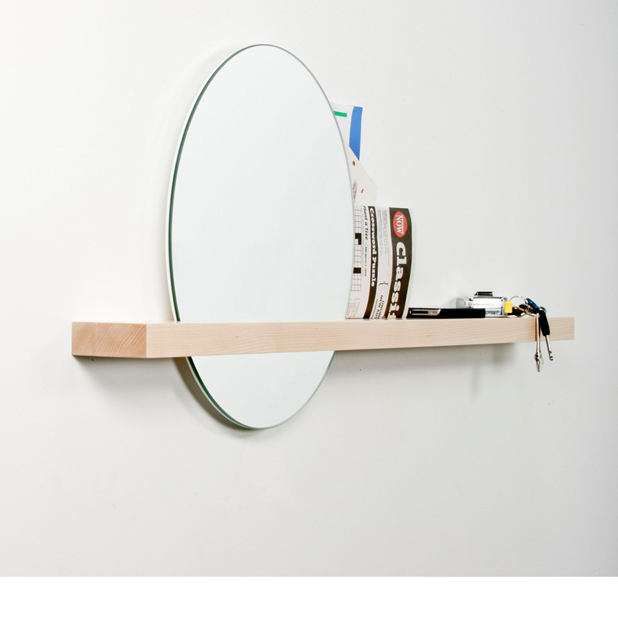 Stylish wood open shelf with integrated mirror.