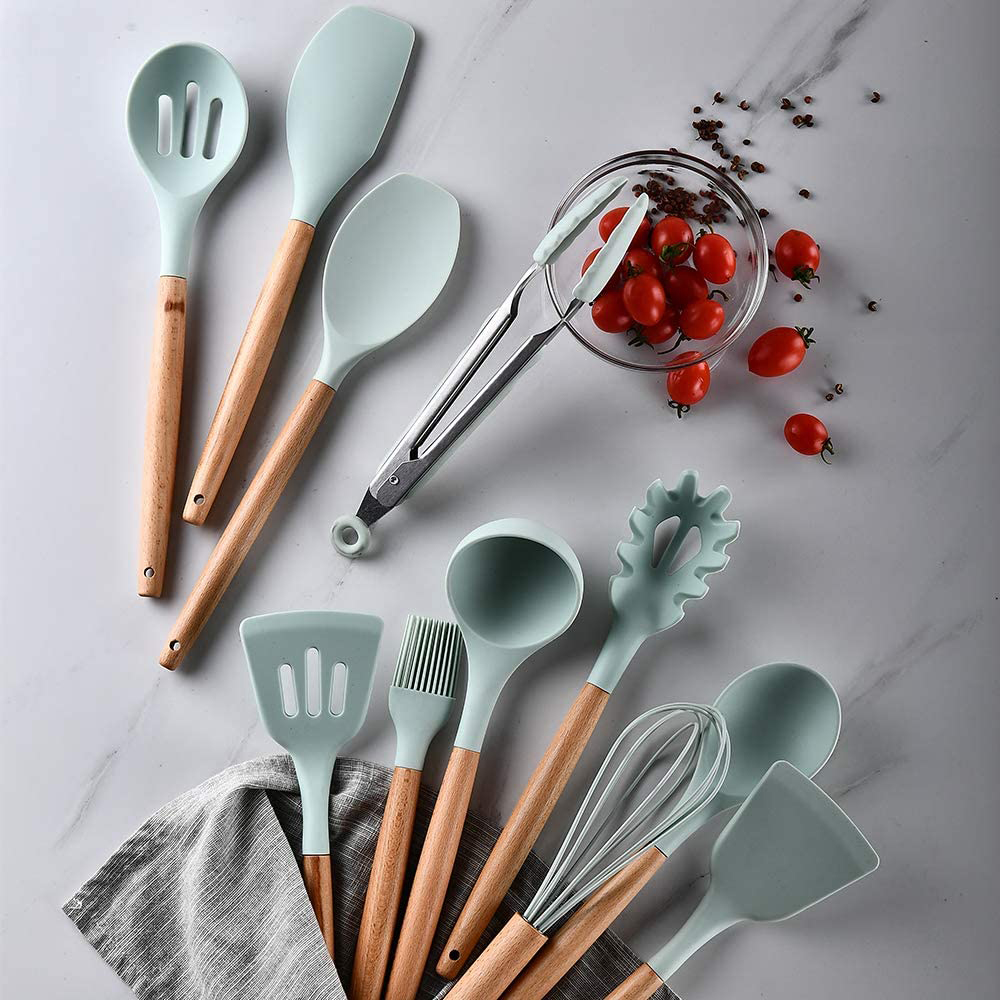 Kitchen Utensils, Silicone and Wood handle Heat-Resistant Non-Stick Cooking Tools Set