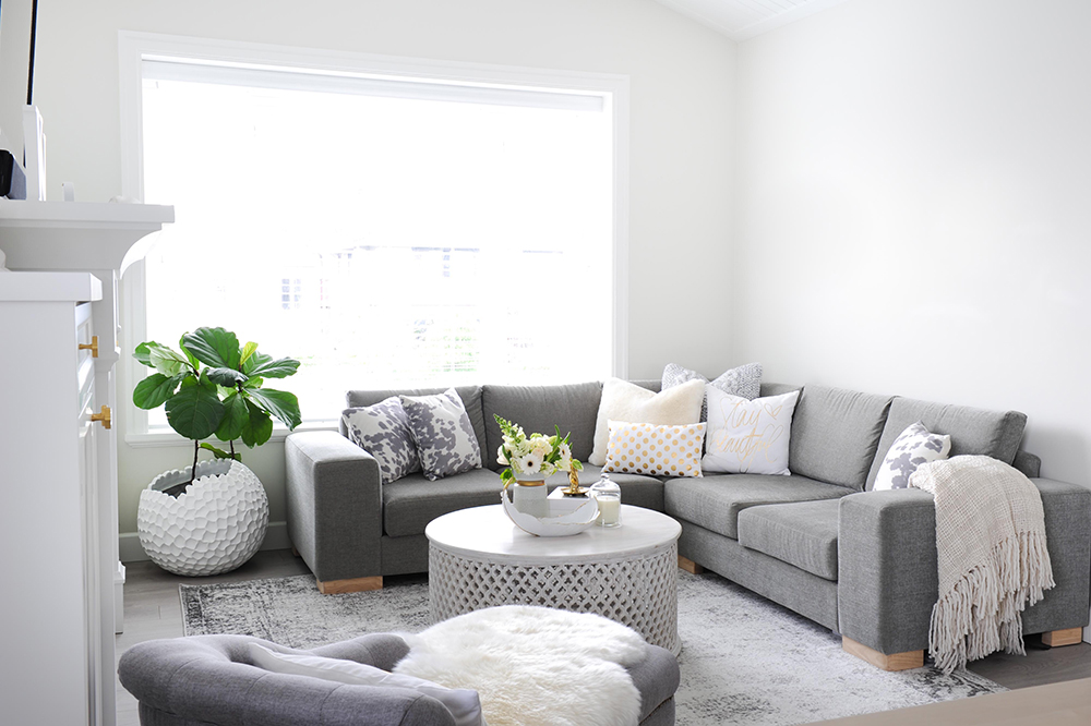 Grey living room with modern white and brass accents.