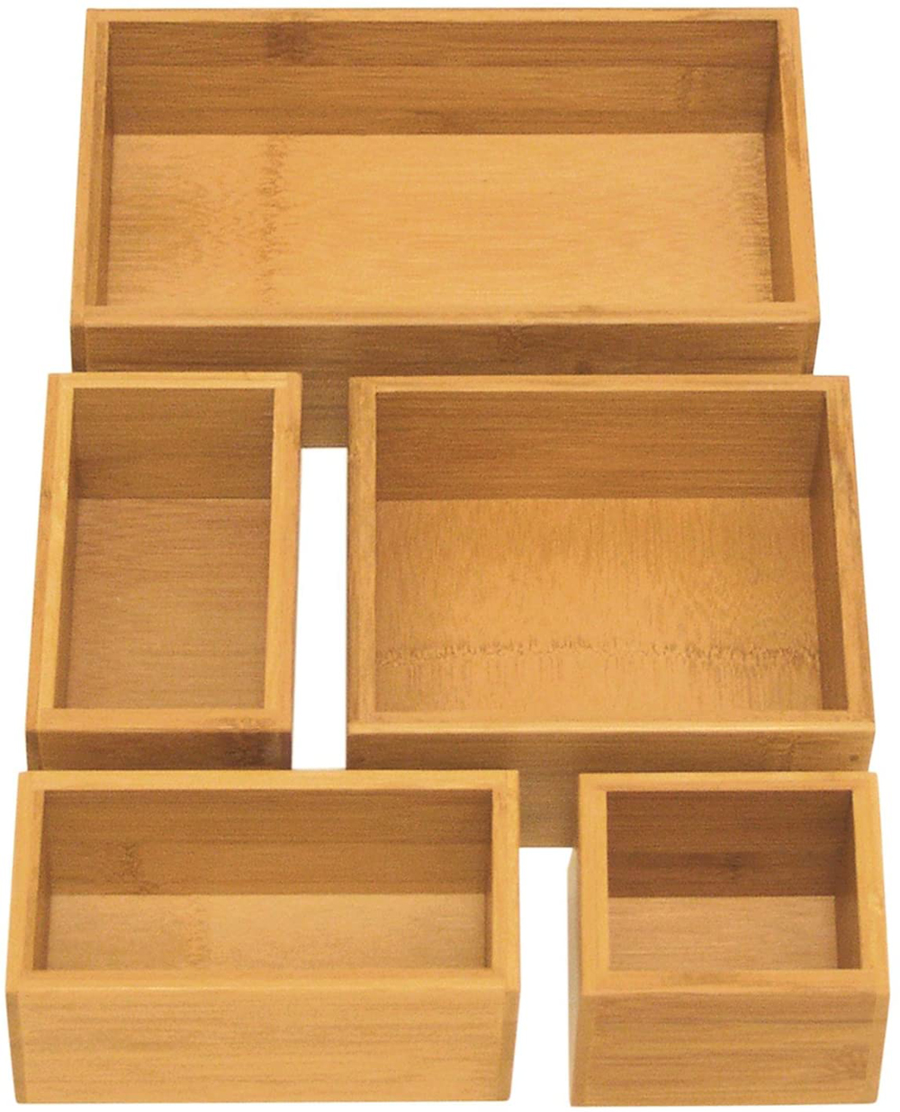 Five-piece bamboo storage containers in various sizes