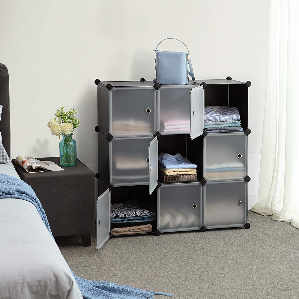 A nine-cube stacked storage container in a bedroom
