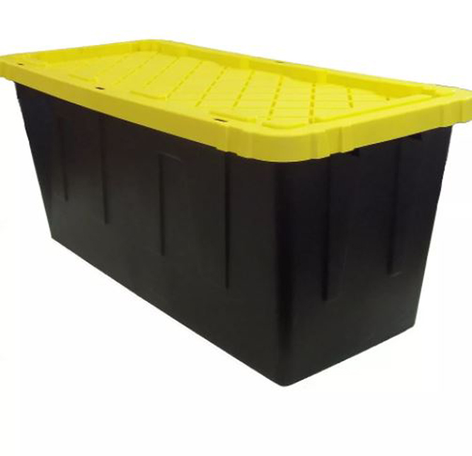 A large black and yellow storage bin