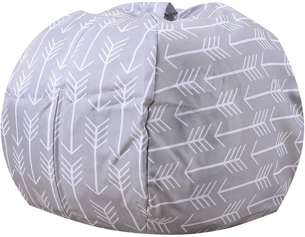 A grey and white bean bag storage ball with plenty of room for toys and stuffed animals