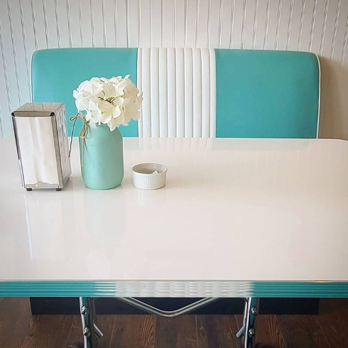Retro style table and bench with accessories