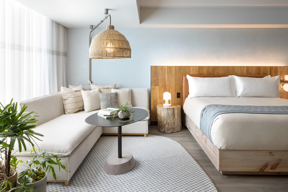 One of the stylish neutral-toned rooms at the eco-friendly 1 Hotel Toronto