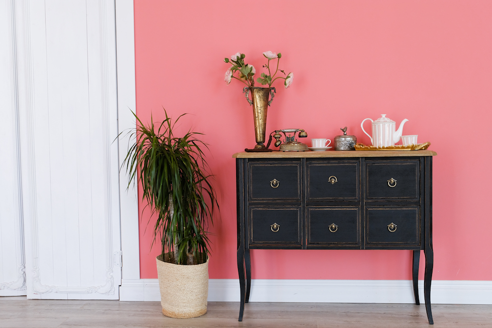 bright pink wall with dark navy chest