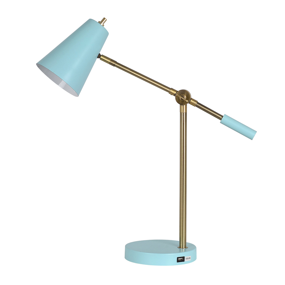 A teal desk lamp