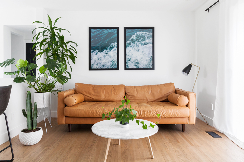 Modern living room with caramel sofa and greenery.