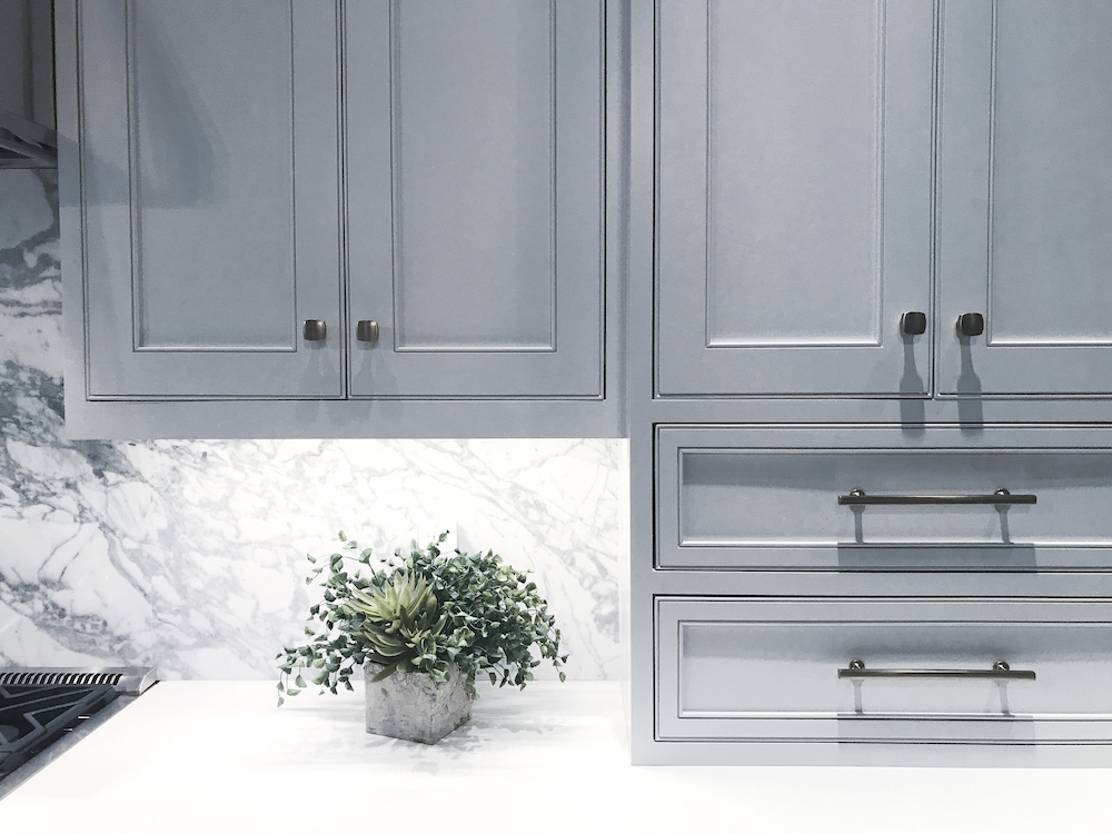 grey kitchen cabinets with plant on counter