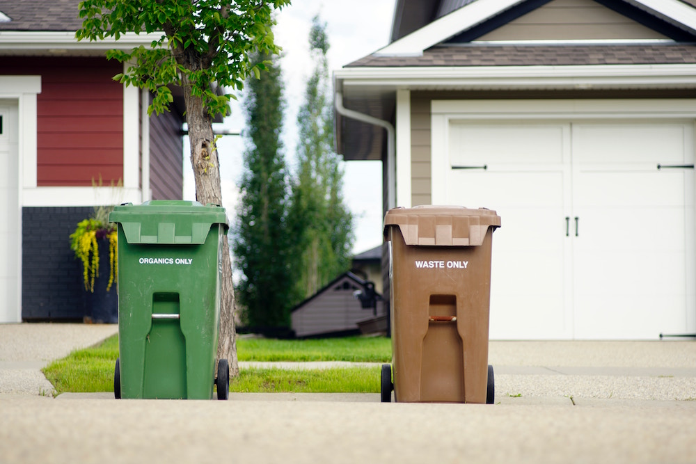 green and brown garbage cans in front of driveways