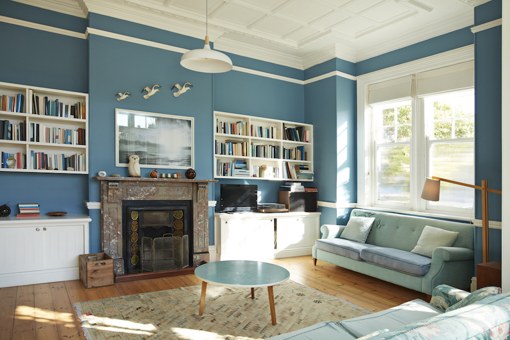 bookshelf and fireplace in blue living room