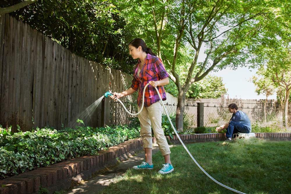 people gardening in residential back yard