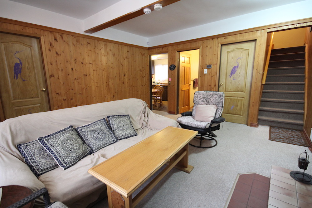 Wood cottage interior with old furniture and carpet