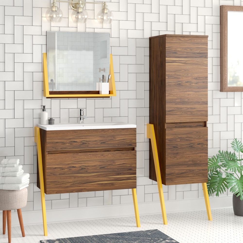Contemporary wood and yellow vanity with matching mirror and stand-up linen chest
