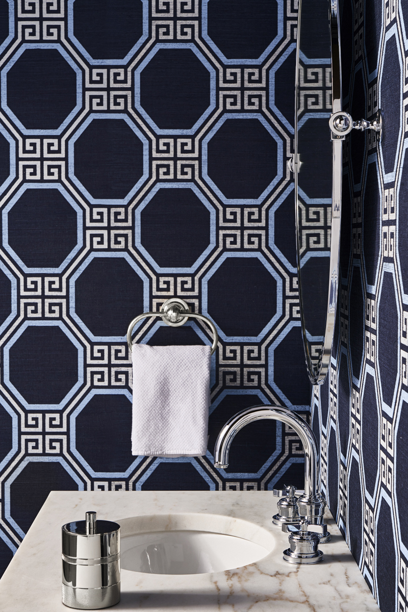 Bathroom wallpaper in an octagonal pattern accented with Greek keys