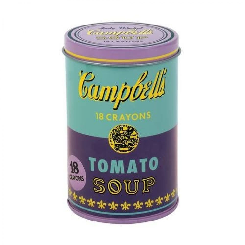 Purple soup can with crayons, based on Andy Warhol