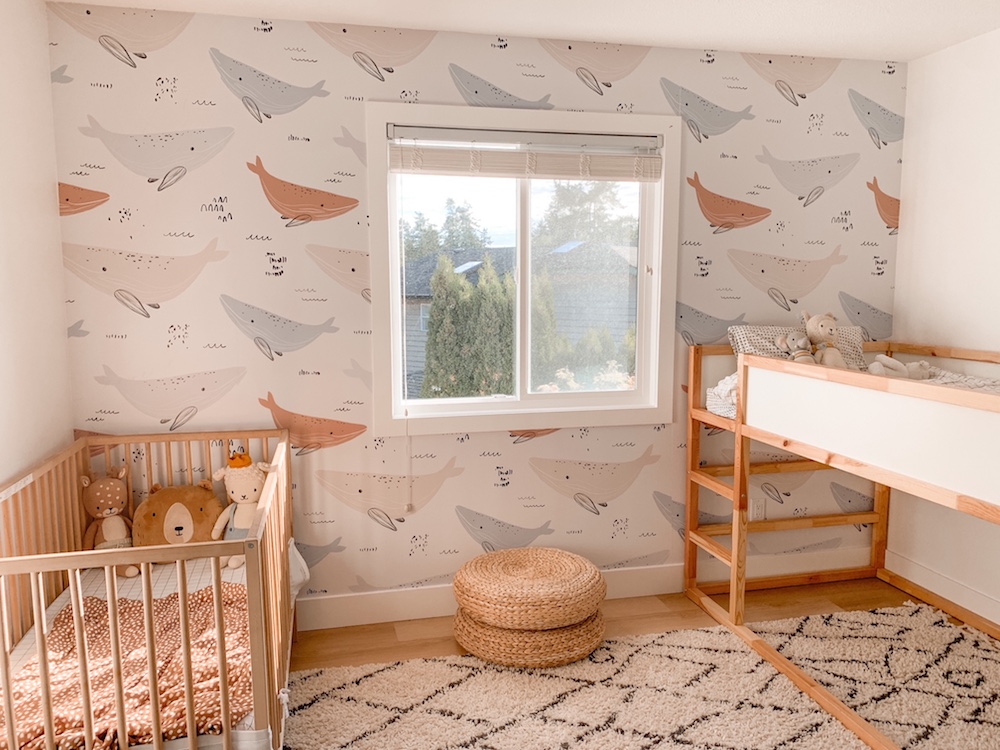 Whale wallpaper in nursery/shared sibling room