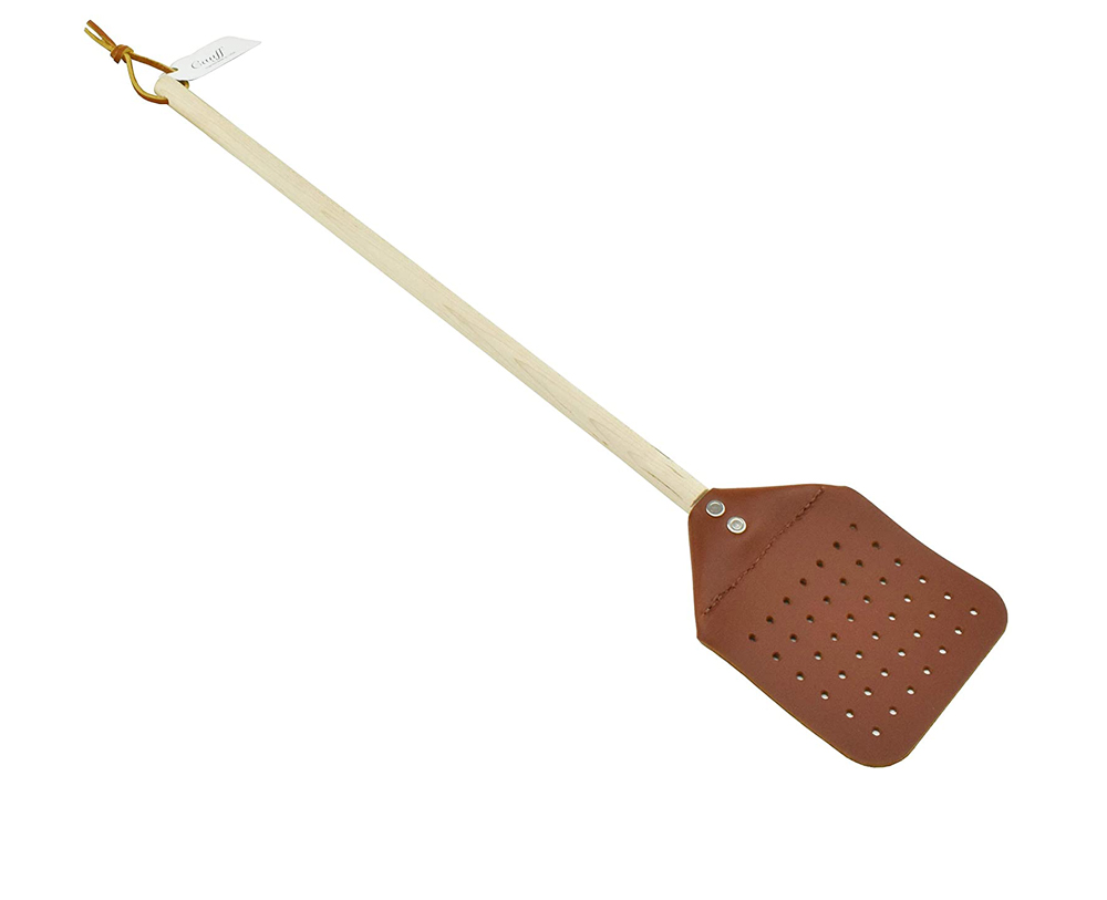 leather and wood fly swatter