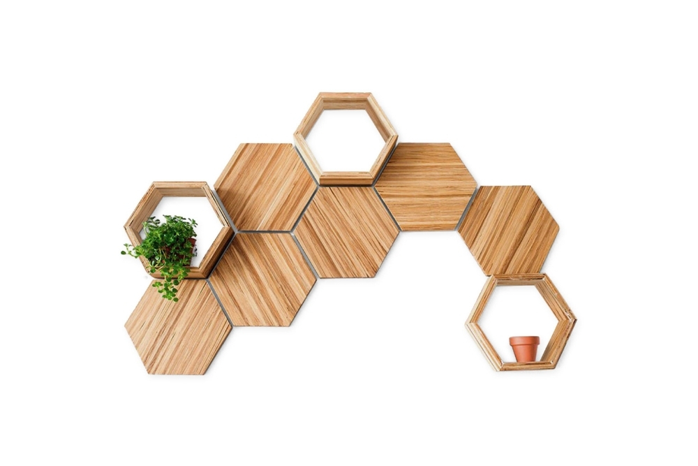 Nine recycled-wood hexagonal pieces (wall art)