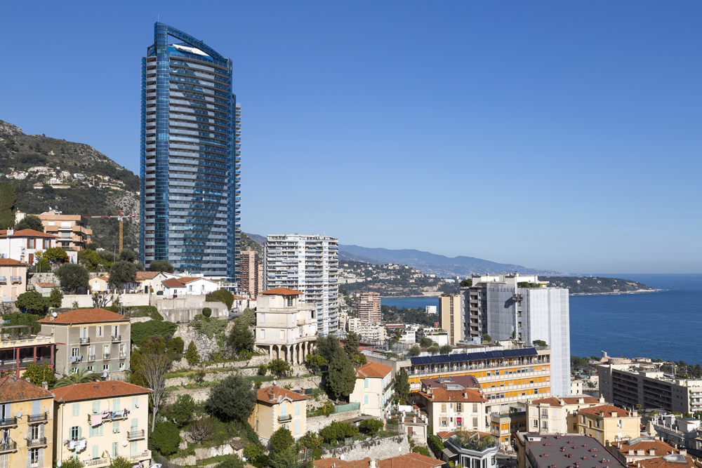 The exterior of a luxury penthouse atop a 56-storey skyscraper in Monaco