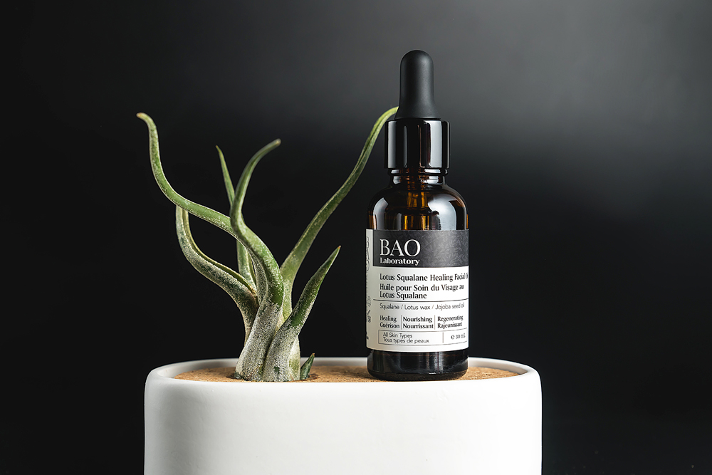 A small bottle of skincare product on a planter next to a succulent against a black backdrop