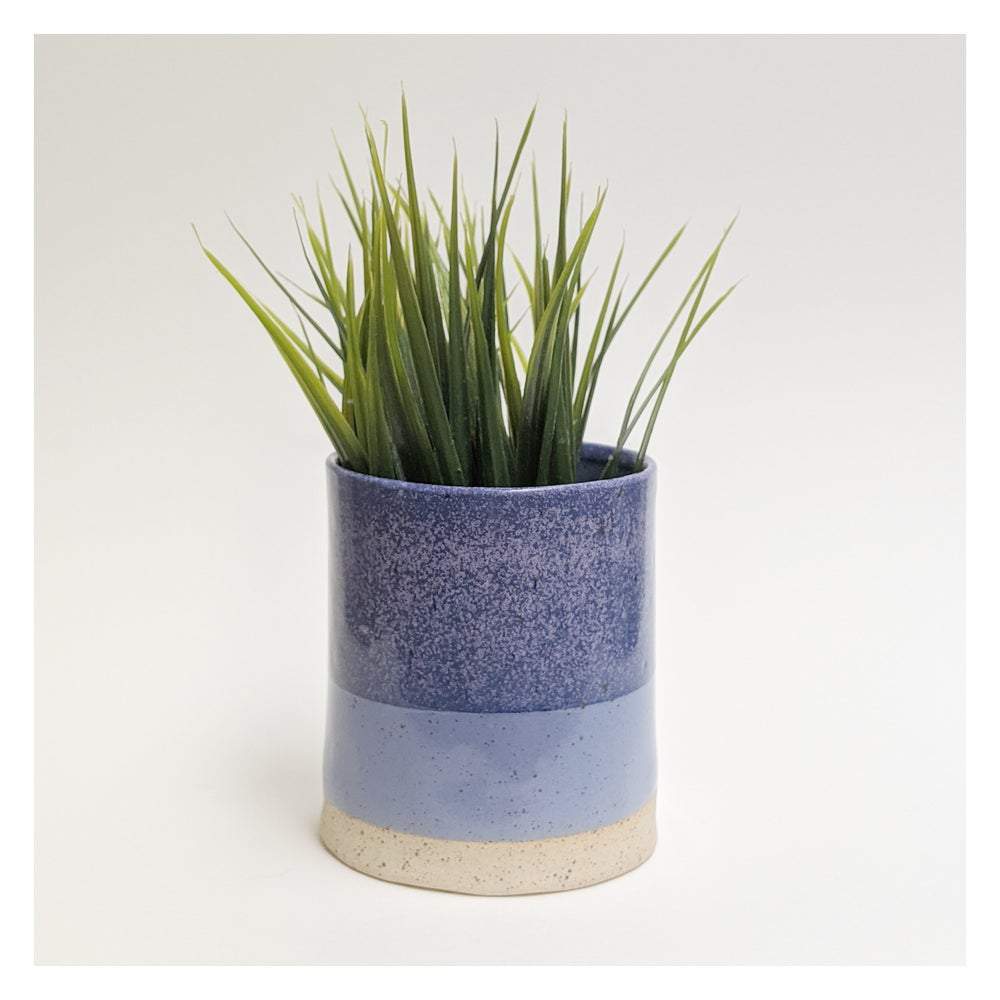 A pastel lavender and blue ceramic vase filled with a plant