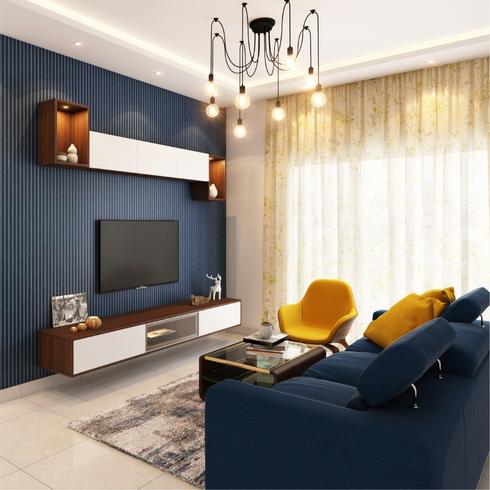 Living room with modern light fixture