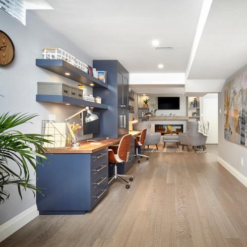 A basement apartment with blue counters