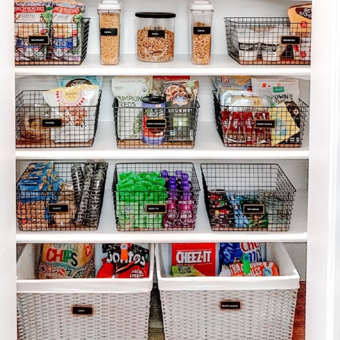 Wire baskets in pantry