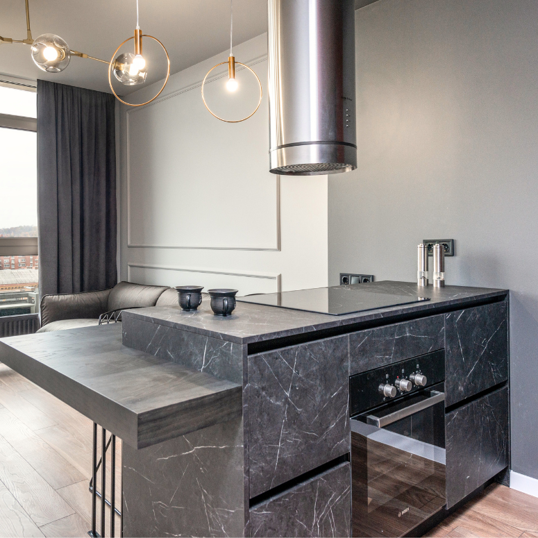 Sleek two-level grey kitchen island