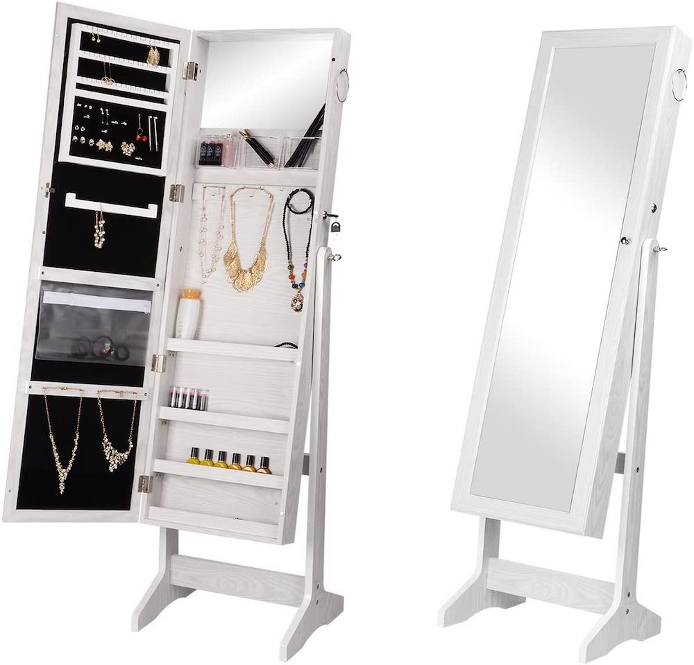 SortWise white lockable free standing wooden jewelry cosmetic cabinet with mirror and 3 angle adjustable organizer storage