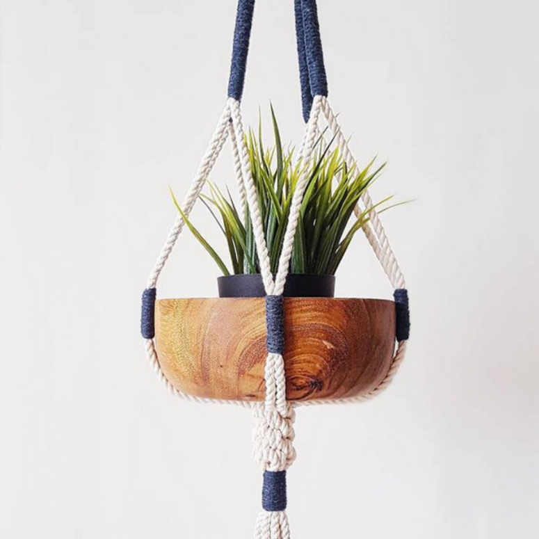 Two-toned hanging macrame plant holder