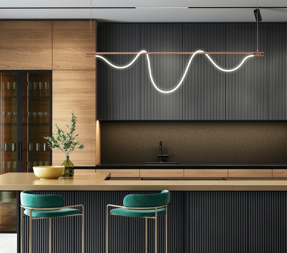 sleek kitchen with black fluted cabinets