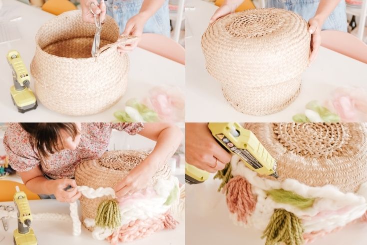 Assembling the DIY lampshade by removing handles from the woven basket and using hot glue to fix yarn designs onto the basket.