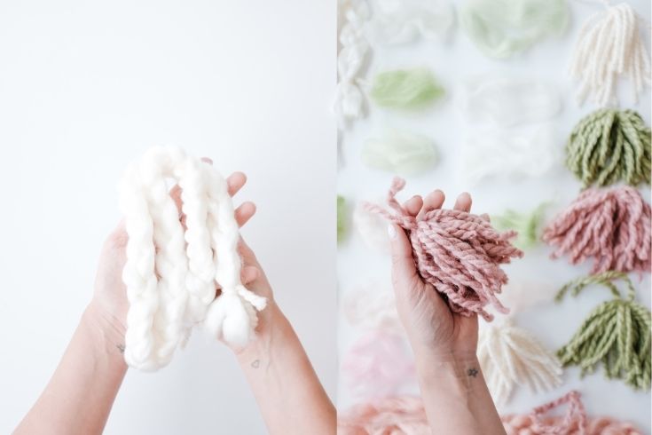 A finished braid made of white yarn and several finished tassels and knots made of pink, green and cream yarn.