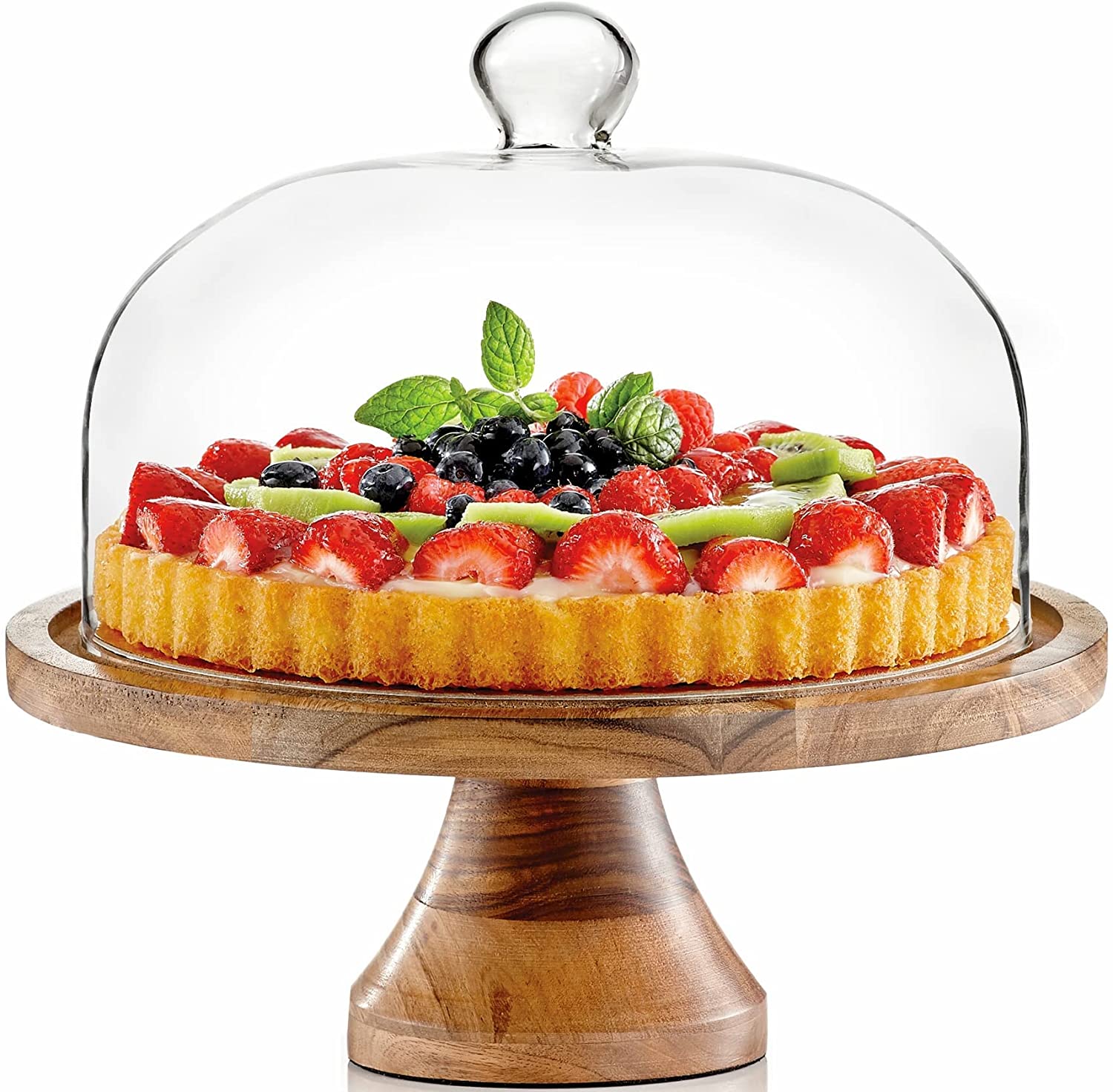 Wood cake tray with glass dome