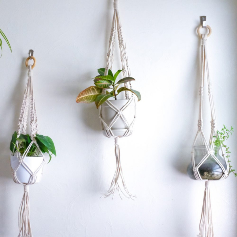 Three macrame plant hangers hanging from wall