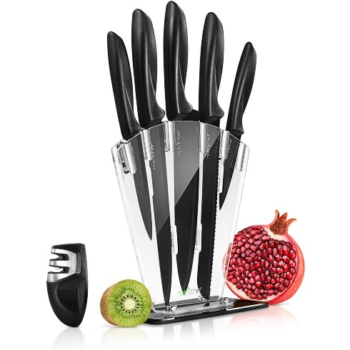 Black stainless steel knife set in clear holder