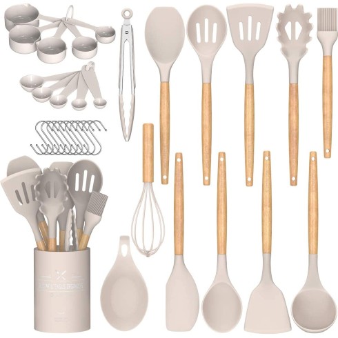 White and wood cooking utensil set